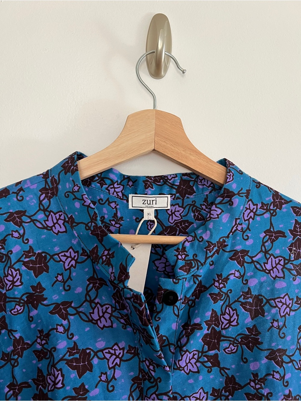 Zuri Kenya Blue Floral Print Cotton Shirt Dress Size XL NWT Made in Kenya - Picture 3 of 6